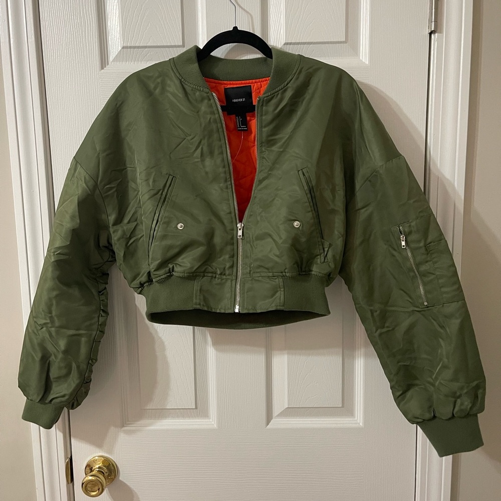 Cropped Bomber Jacket with orange quilted inside